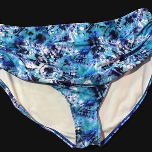 Plus Size 4XL High Waist Swim Bikini Bottom Blue Teal Ruched Tie Dye Brief